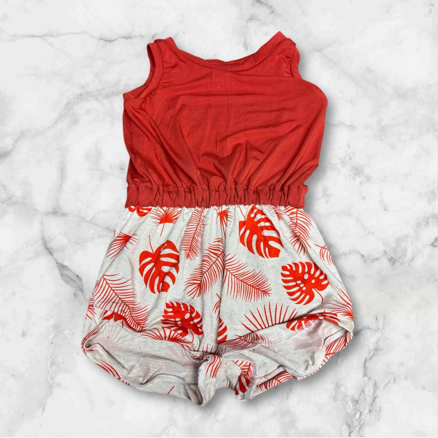 Dark Coral & Leaves | Summer Romper | RTS